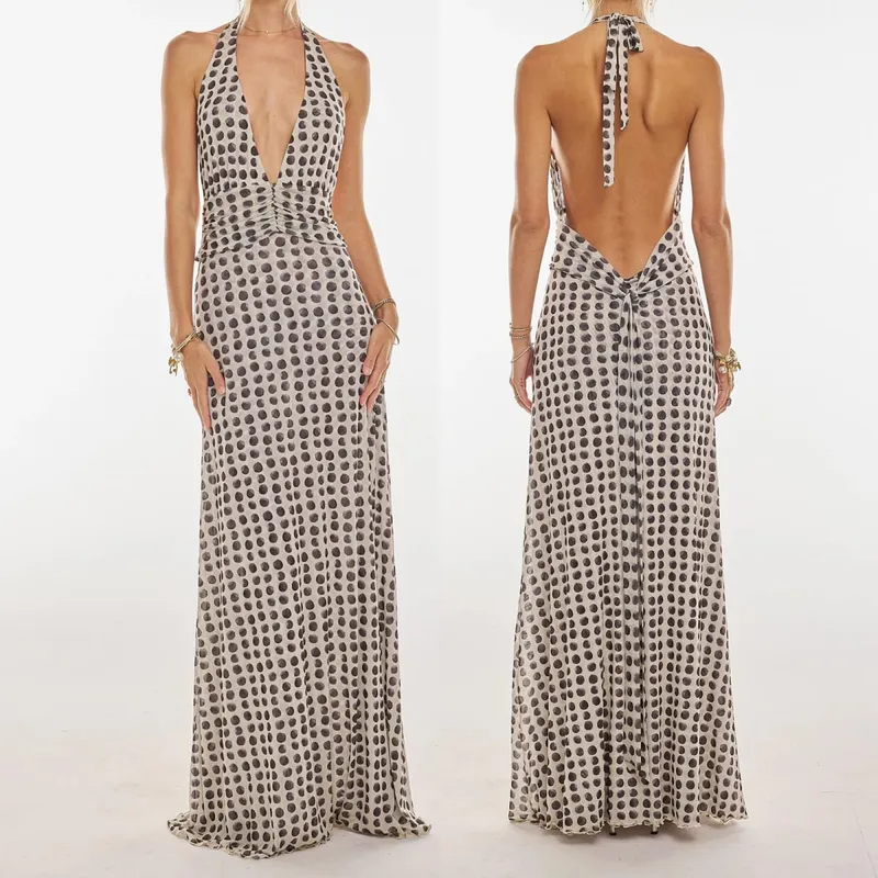 Combhasaki Robe longue d'été sans manches pour femme, col en v profond, dos nu, imprimé fleurs/points, ourlet à volants, maille froncée, ligne a