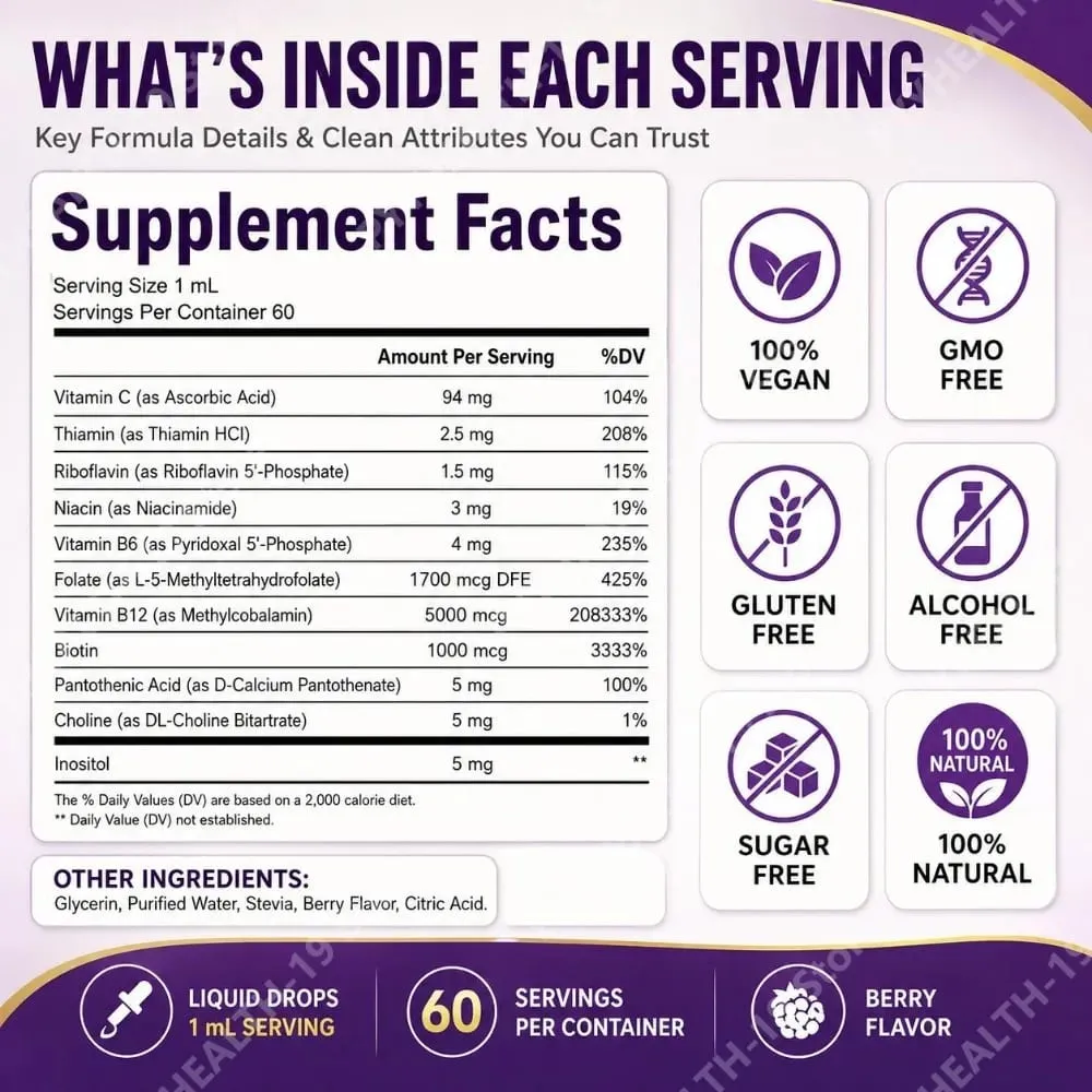 B-Complex Liquid Drops 11-in-1 Methyl B12 Folate Biotin For Energy Focus & Brain Nervous Support Formula Adult 60ml — image 3