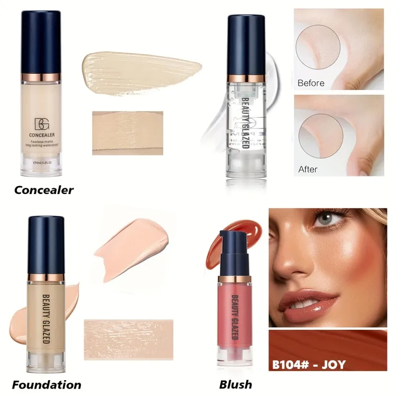 4Pcs Set Primer + Concealer + Liquid Foundation + Liquid Blush Matte Velvet Waterproof Foundation Blush Makeup For Travel — image 11