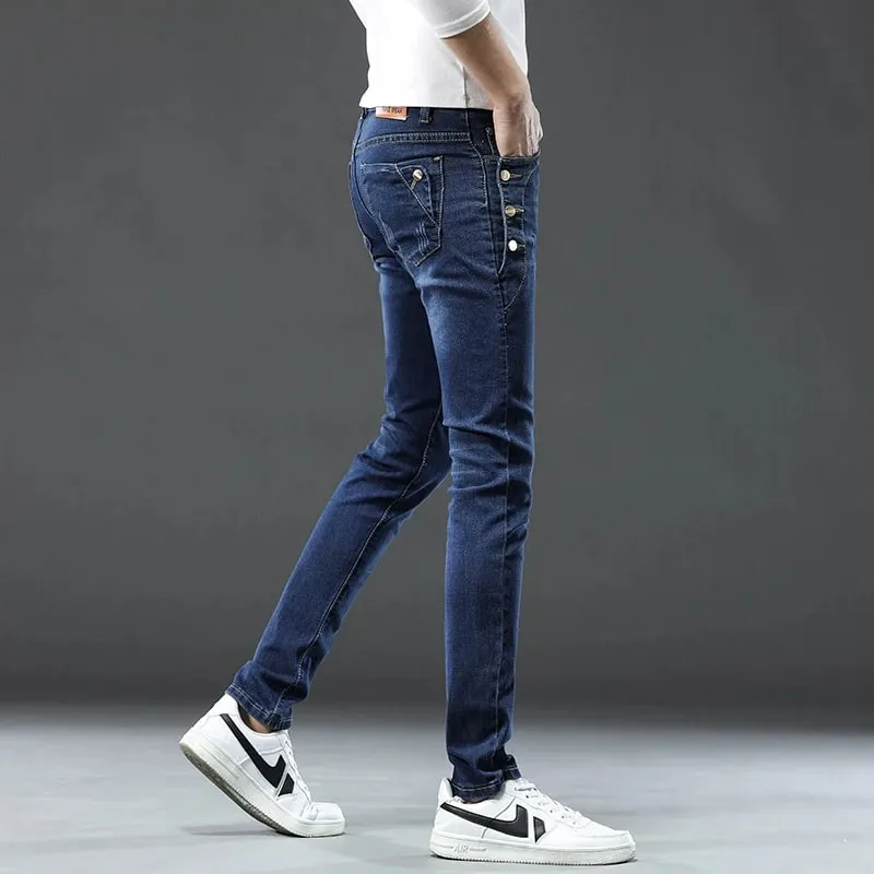 Nye mænd slanke, koreanske knap jeans, sorte skinny ensfarvede strækbare multi-knap, unge mandlige denimbukser Streetwear — image 4