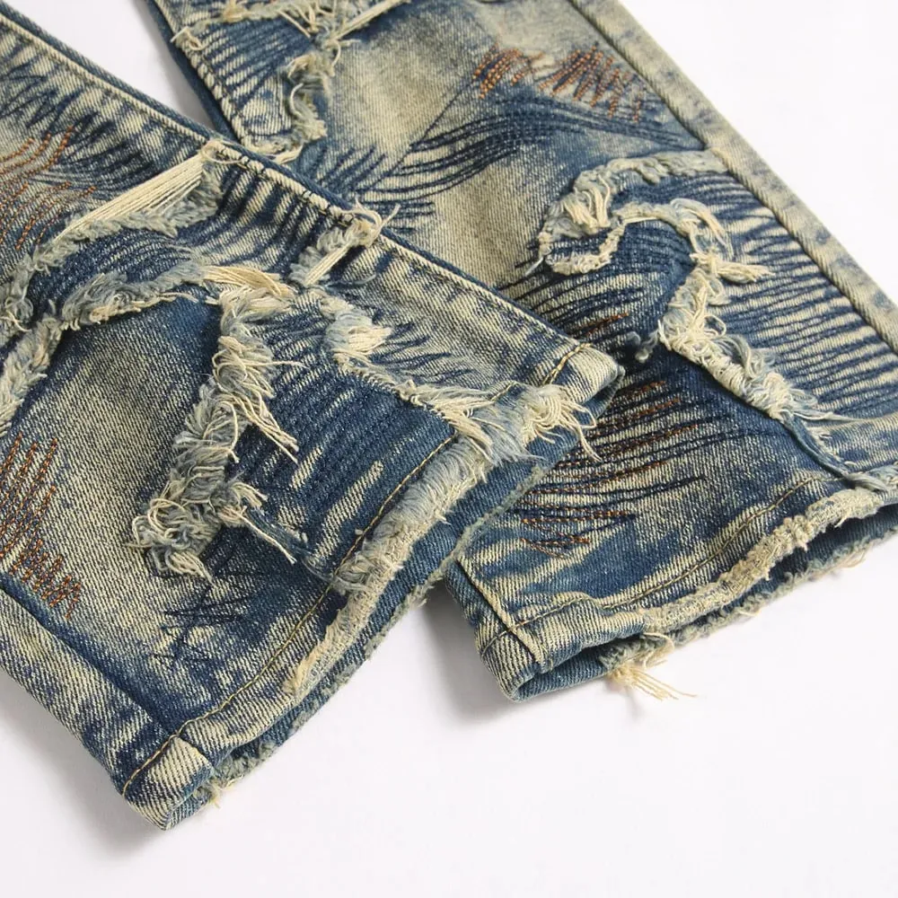 Män Broderi Patch Boot Cut Jeans Patchwork Stretch Denim Slimma utsvängda byxor Vintage blå Streetwear byxor — image 5