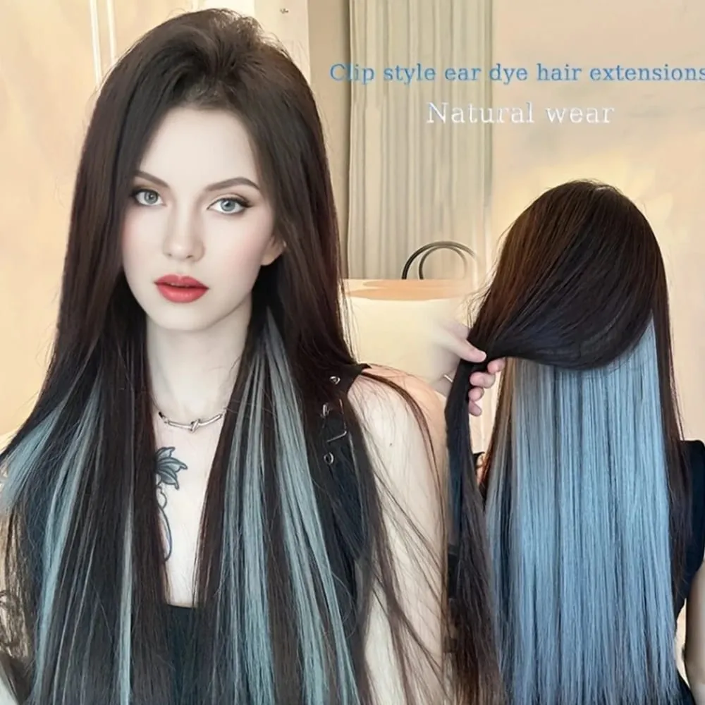 Estensioni dei capelli con clip sintetiche colorate con evidenziazione Parrucca per tintura lunga e diritta appesa all'orecchio Pezzo di colore Capelli finti sottili senza cuciture — image 4