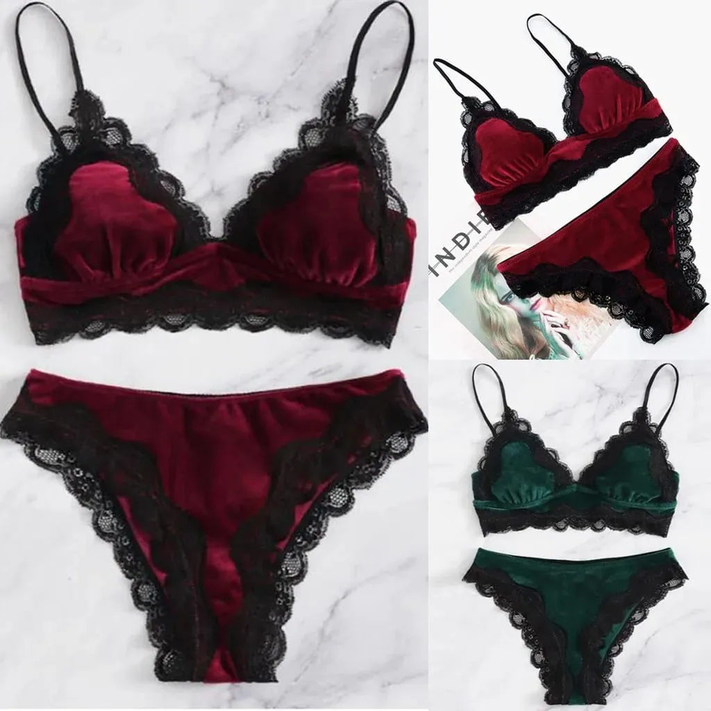 Solido Comodo Velluto Lingerie Per Le Donne Pizzo Floreale Riunito Reggiseni E Perizoma Set 2 Pezzi Seducente Lingerie Sexy Indumenti Da Notte Pigiama Set — image 2