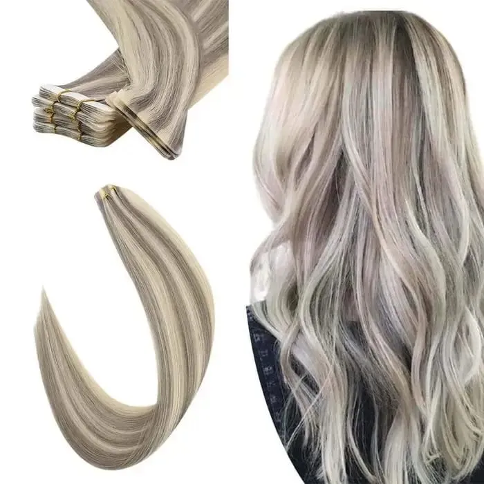 [12 เดือน] ที่มองไม่เห็นเทปฉีดต่อผม Virgin Hair สีขาวสีบลอนด์ 10A คุณภาพ Long Uselife