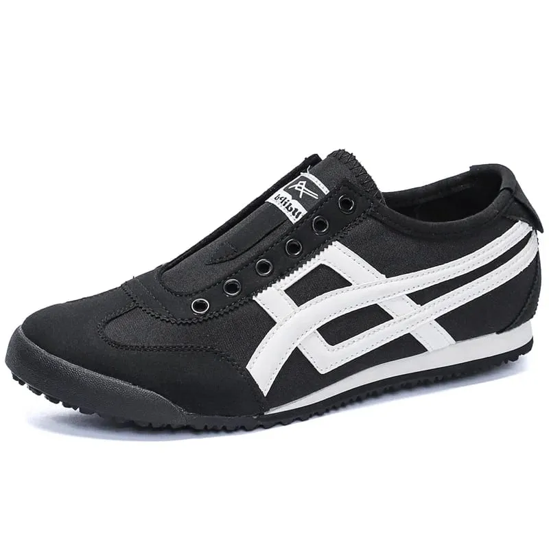 Men's Striped Canvas Sneakers Low Top Casual Walking Trainers with Extra Laces Flat Trainer Shoes Dual Wear Lace Up or Slip On — image 5