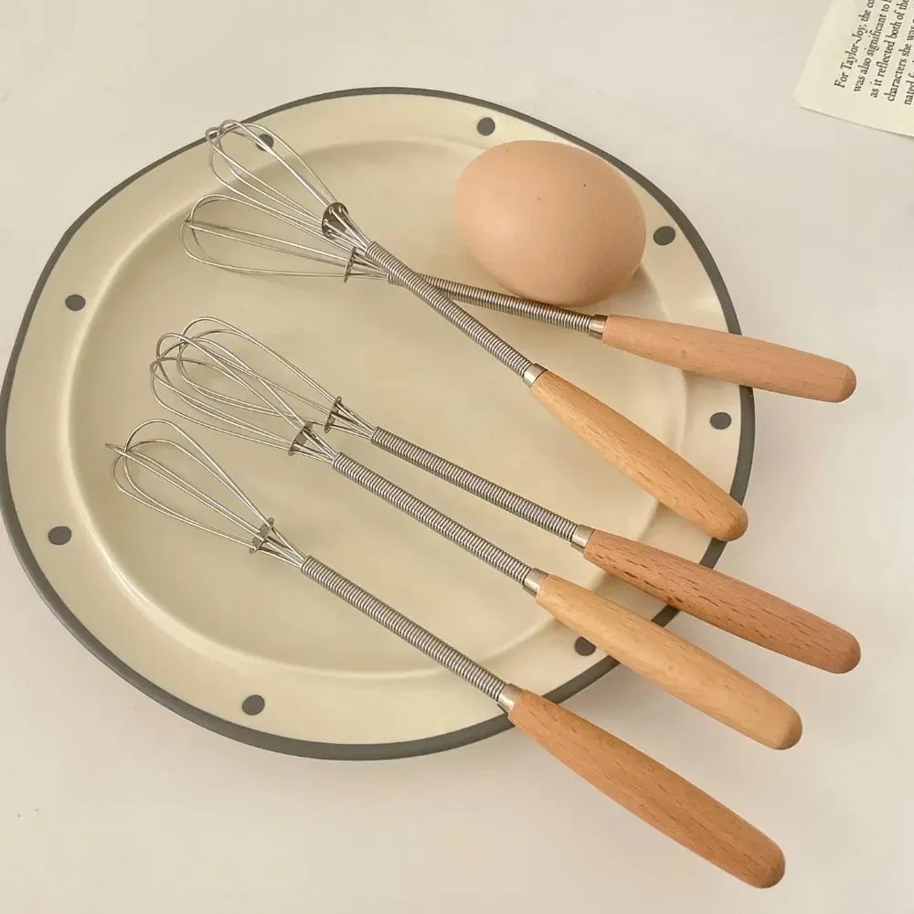 Batidor de huevos multifunción de acero inoxidable, mango de madera, útil Mini batidor de huevos, batidor de huevos Manual portátil para hornear