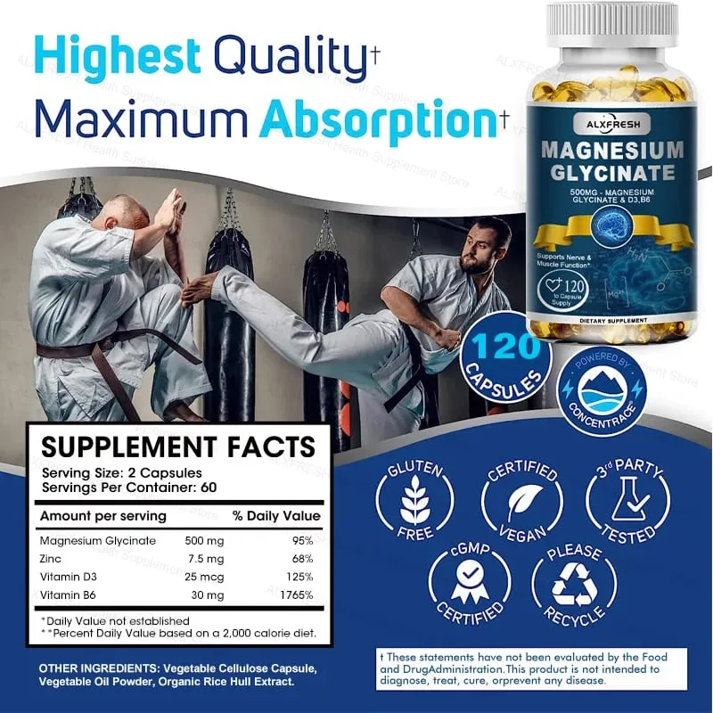 Originální doplněk Magnesium Glycinate 500 mg – vysoká absorpce pro spánkové svaly a klidnou podporu – D3 B6 Zinek