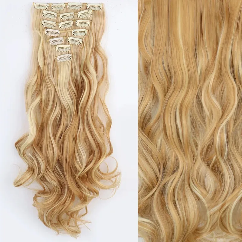 16 clip 7 pezzi / set estensioni dei capelli lungo rettilineo sintetico naturale nero biondo posticcio resistente al calore per l'acconciatura delle donne — image 25
