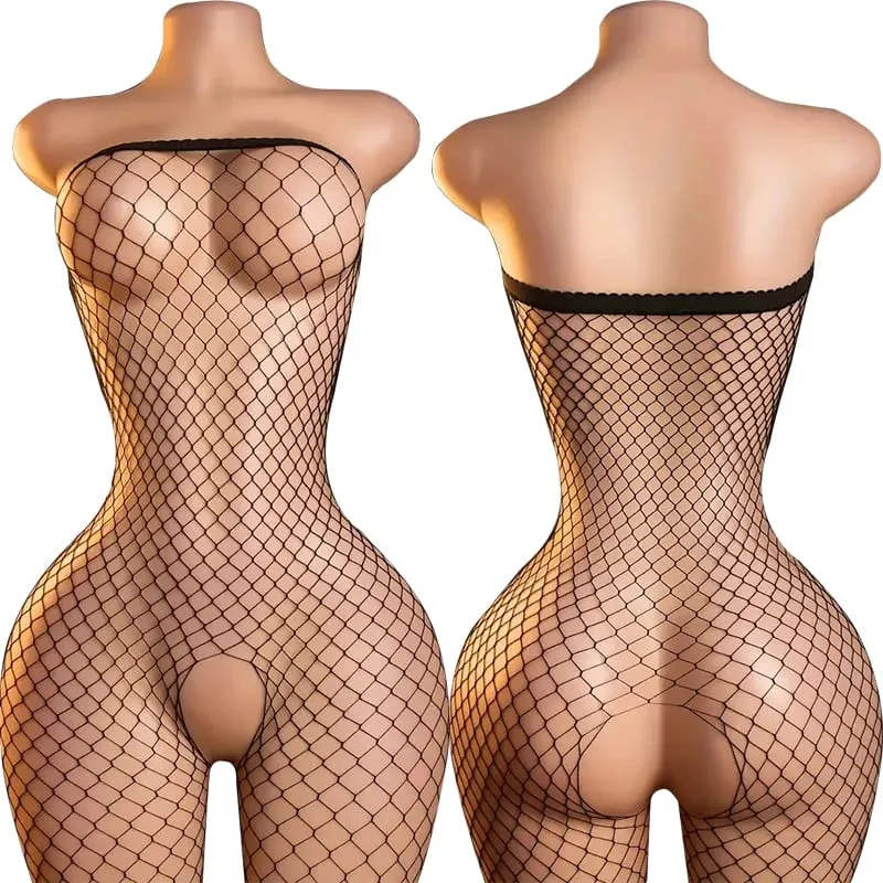 블랙 Fishnet 오프 어깨 오픈 가랑이 Bodystocking 란제리 세트 섹시한 가랑이없는 테디 브래지어 여성의 에로 속옷 — image 8