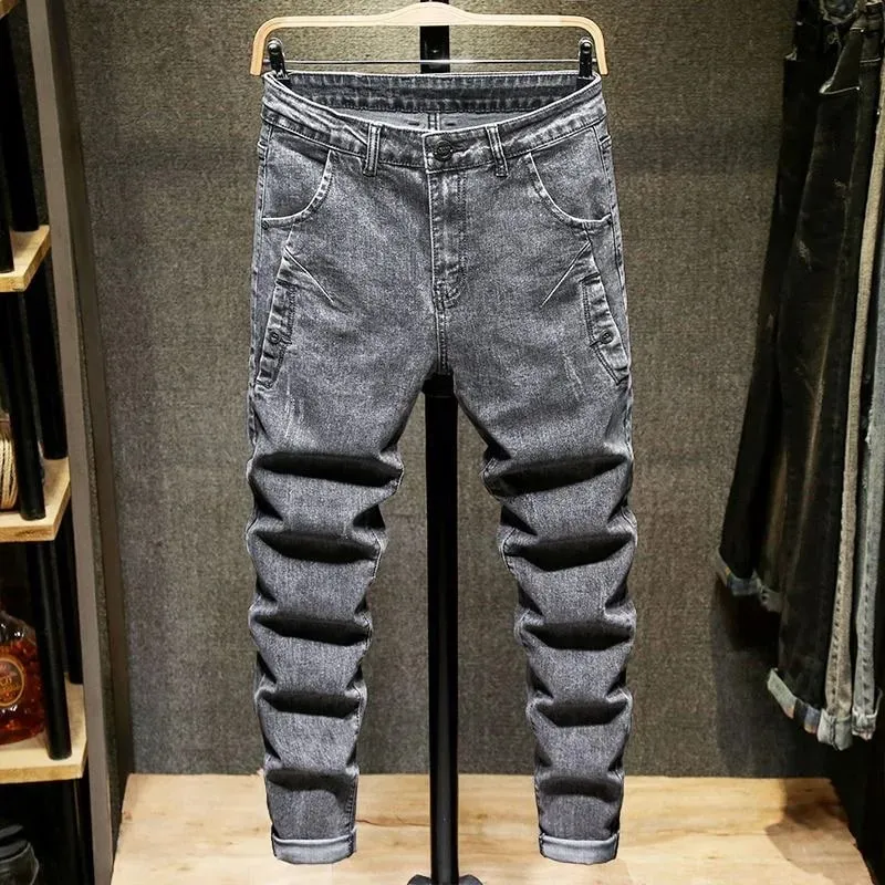 Xu Hướng Xuân Thu Màu Trơn Chân Thẳng Co Giãn Quần Jean Denim Nam Slim Fit Thoải Mái Thể Thao Quần Jean Cao Cấp — image 4