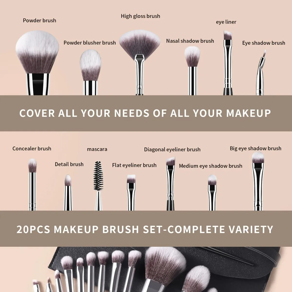 20Pcs Set Berus Mekap Bedak Foundation Blush Eyeshadow Berus Kening Alat Kosmetik dengan Beg Penyimpanan — image 6