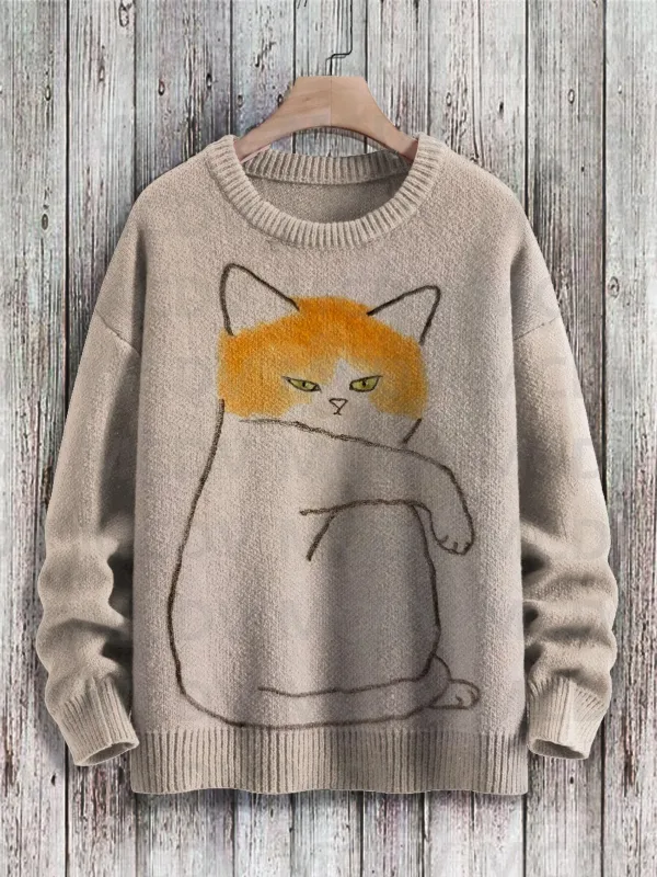 Sweter Pulover Rajut Kasual Gambar Cetak Pola Seni Burung Bunga Kucing Hitam Lucu Sweter Klasik Pulover Pria untuk Wanita — image 5