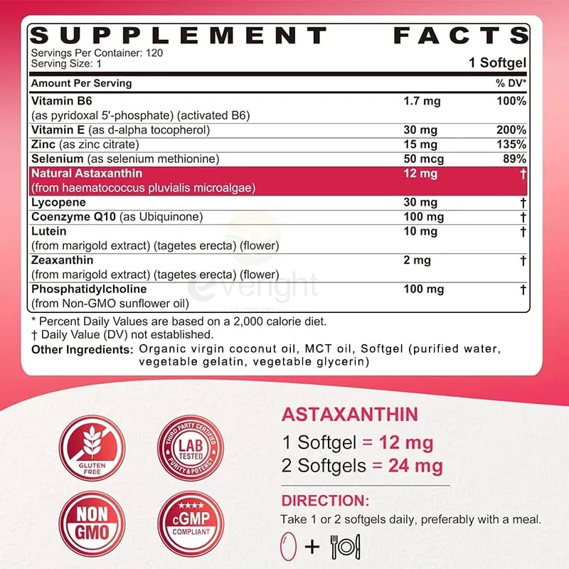 Liposomal Astaxanthin อาหารเสริม Lycopene CoQ10 Lutein วิตามิน B6 E สังกะสีสารต้านอนุมูลอิสระเพื่อสุขภาพผิวดวงตา Aging — image 6