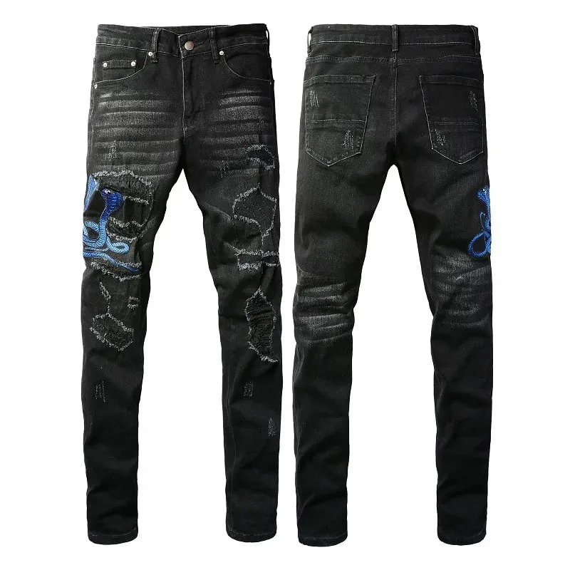 ผู้ชายงูเย็บปักถักร้อยกางเกงยีนส์ Streetwear หนัง Patch ยืดกางเกงยีนส์ Skinny กางเกง Ripped Distreesed กางเกงดินสอ