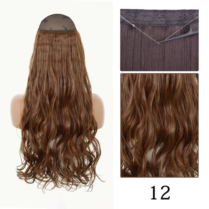 Estensioni dei capelli sintetiche senza clip regolabili con linea di pesce, parrucchino naturale biondo marrone ondulato lungo resistente al calore per le donne — image 15