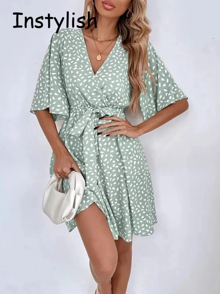 Casual Dot Print Mini Dress with Belt Elegant Chic Half Sleeve V Neck A Line Sundress Vintage Harajuku Short Dress Beach Party — image 2