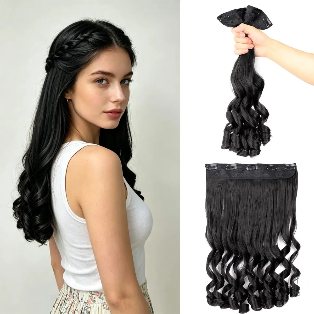 Extensions de cheveux synthétiques à Clip en une seule pièce, 5 Clips en une seule pièce, faux cheveux de 16 pouces, Style bouclé français pour femmes et filles, fête quotidienne — image 9
