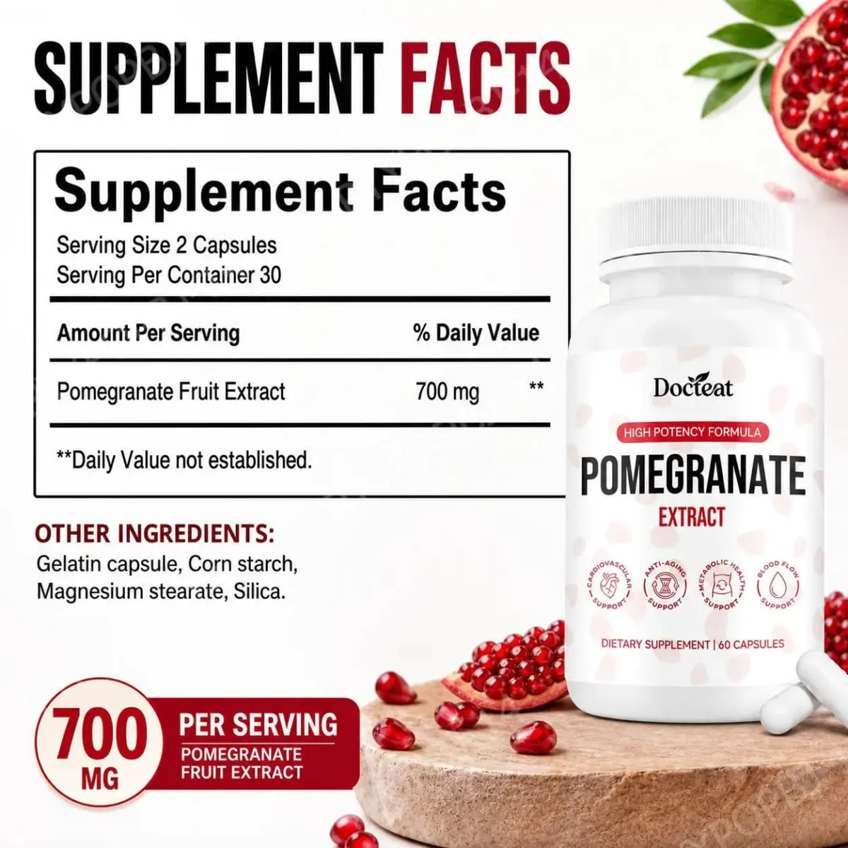 Docteat Capsules d'extrait de fruit de grenade Ellagitannin Défense antioxydante Soutien immunitaire et équilibre oxydatif 60 Capsules — image 3