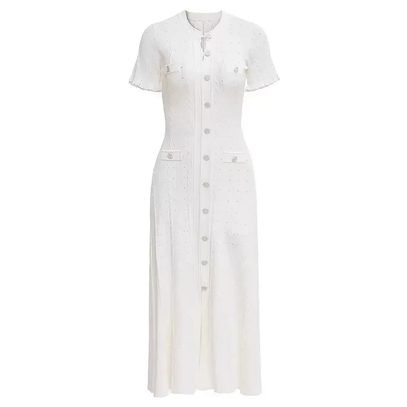 Vintage-Midikleid mit Zopfmuster, Knopfleiste vorne, Rüschen, kurze Ärmel, Taschendesign, elegantes, legeres Party-Strickkleid — image 3