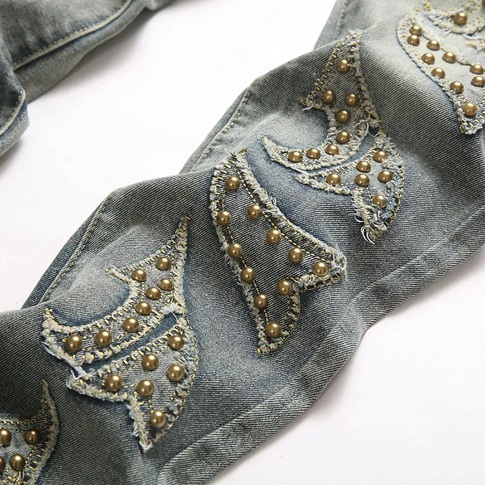 Män Slim Boot Cut Denim Jeans Punk Nit Patch Stretch Byxor Streetwear Blå utsvängda byxor — image 4