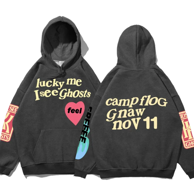 Graffiti-Buchstabe gedruckt lose Kapuze Kanye Sweatshirts Männer übergroße Fleece Luck Me I See Ghosts Hoodie Unisex Pullover Hoody — image 7