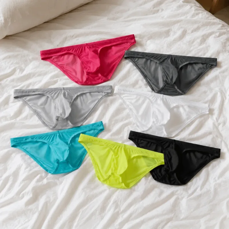 Slip respirant taille basse en soie glacée, Lingerie transparente, slip de Bikini en maille Ultra-fine, culotte Triangle pour hommes, été — image 14