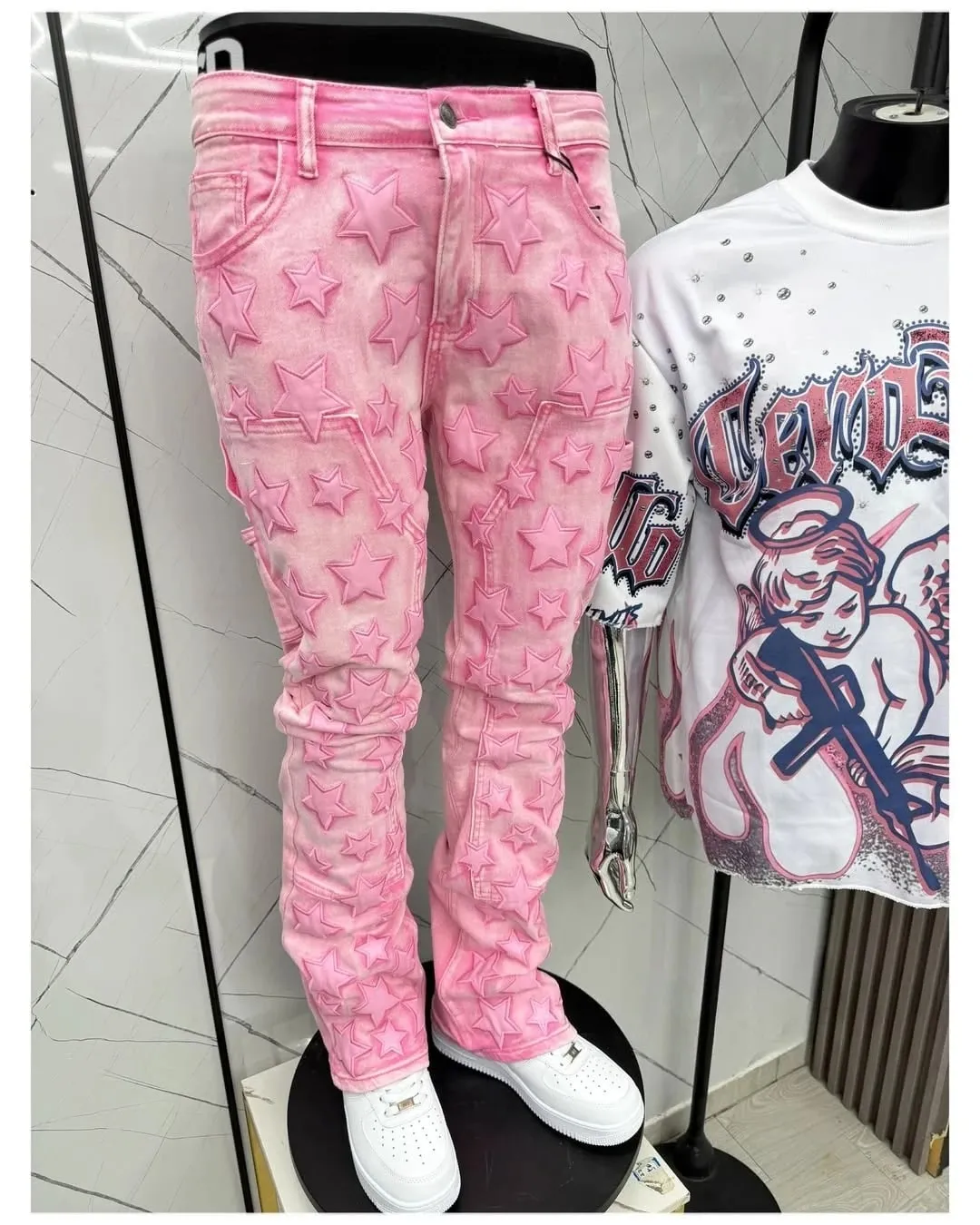 Ανδρικό μπάλωμα πεντάκτινο αστέρι Washed pink Μοντέρνο, ευέλικτο τζιν με ίσιο πόδι παντελόνι τζιν πανκ πανκ χιπ χοπ — image 2