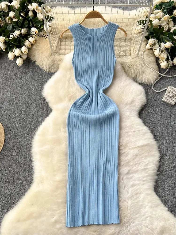 Pakaian Panjang Sarung Wanita O Leher Tanpa Lengan Pejal Berlipat Berkait Berkait Fesyen Elastik Bertali Elegan Pakaian Bodycon Seksi Retro — image 4