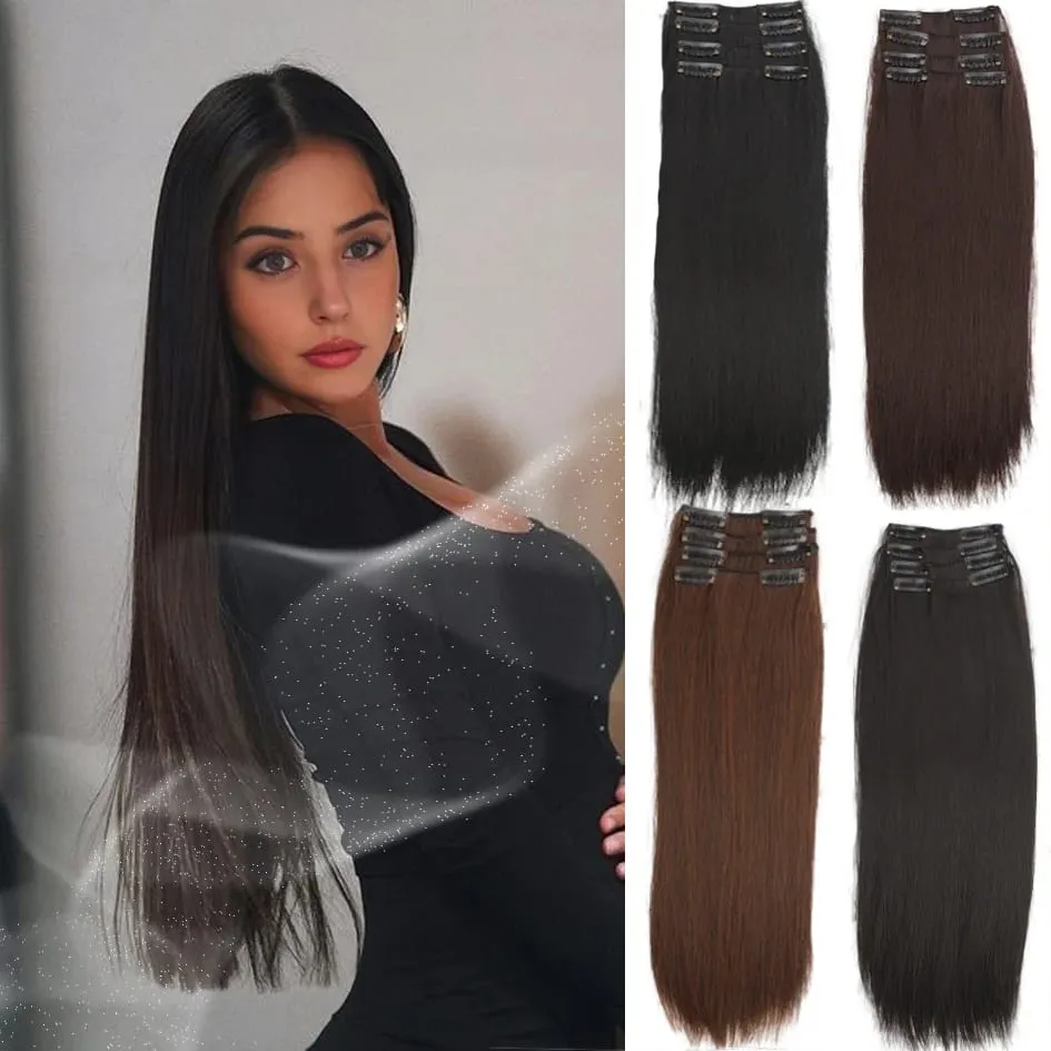 4pc Synthetic Women's 16inch/20inch/24inch Four Piece Straight Hair Extensions Black/Brown Wig Suitable for Daily Wear — image 2