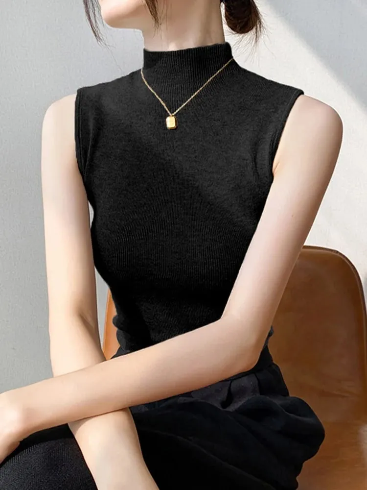 Sexy Sommer Rollkragen Tank Tops Frauen Gerippte Ärmel Solide Schlank Top Weibliche Sleveless Leibchen Weste Beiläufige Gestrickte Camis 2026 — image 5