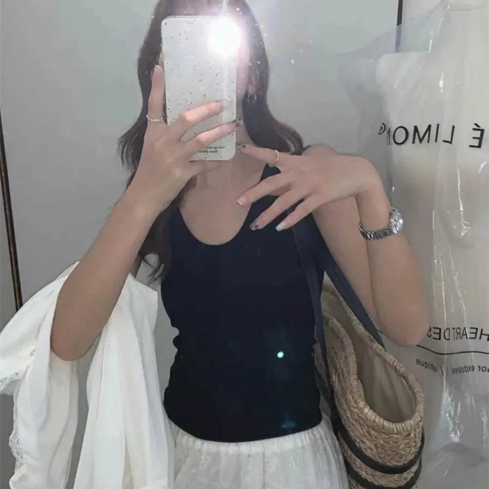 Gaya Korea dengan Tali Alas Dada Vest U-Neck Warna Pejal Tanpa Belakang Tanpa Lengan Atasan Pelangsingan Camis Wanita Musim Panas