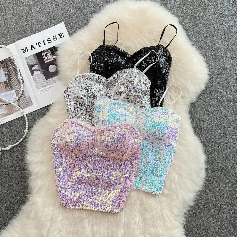 Sexy Sequin Party spaghetti Croset Bustier backless Slim Tanks and Camis Strap Glitter Crop Top Fashion Summer Women Clothes Y2k — image 1