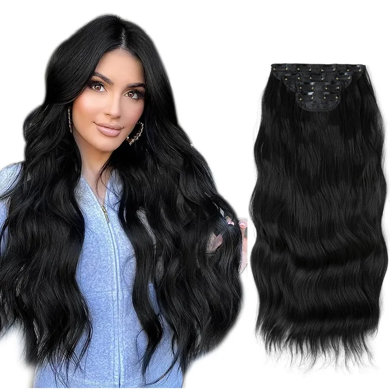 สังเคราะห์ยาวหยักคลิปในส่วนขยายของผม 22 "4 ชิ้น/เซ็ตหนา Hairpiece สำหรับผู้หญิงสีบลอนด์สีน้ำตาลสีดำธรรมชาติผมปลอม
