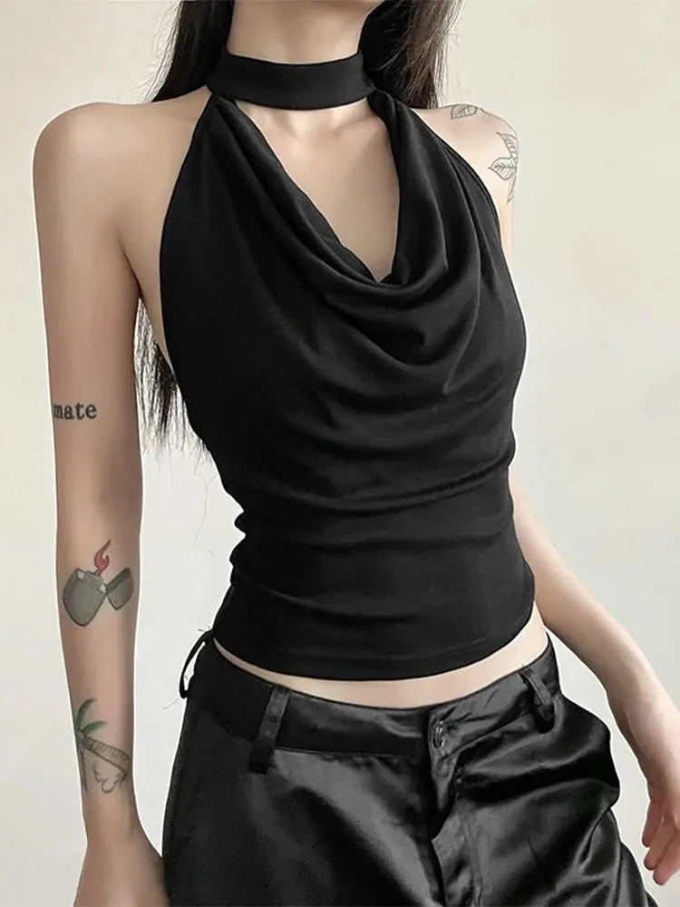 สีทึบสบายๆ All-Match Cool มั่นใจเซ็กซี่สวย High Street ฤดูร้อนผู้หญิงบาง Halter Vest