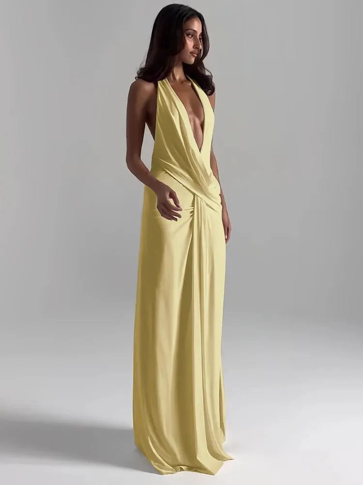 Cutenew Party Simple ผู้หญิงชุด Maxi Solid Trend Halter Cross แกว่งคอ Backless V คอสูงแยก Bodycon Mujer Vestidos — image 6