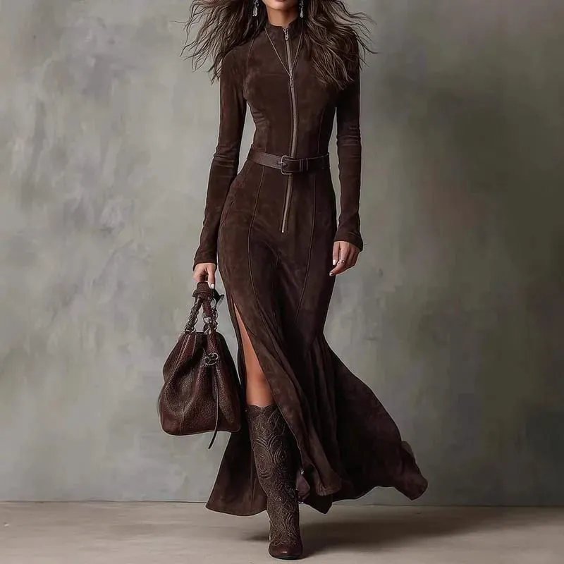 Gaun Pesta Suede Lengan Panjang Leher-o Kasual Gaun Panjang Ramping Solid Belah Samping Elegan Gaun Maxi Wanita dengan Ikat Pinggang