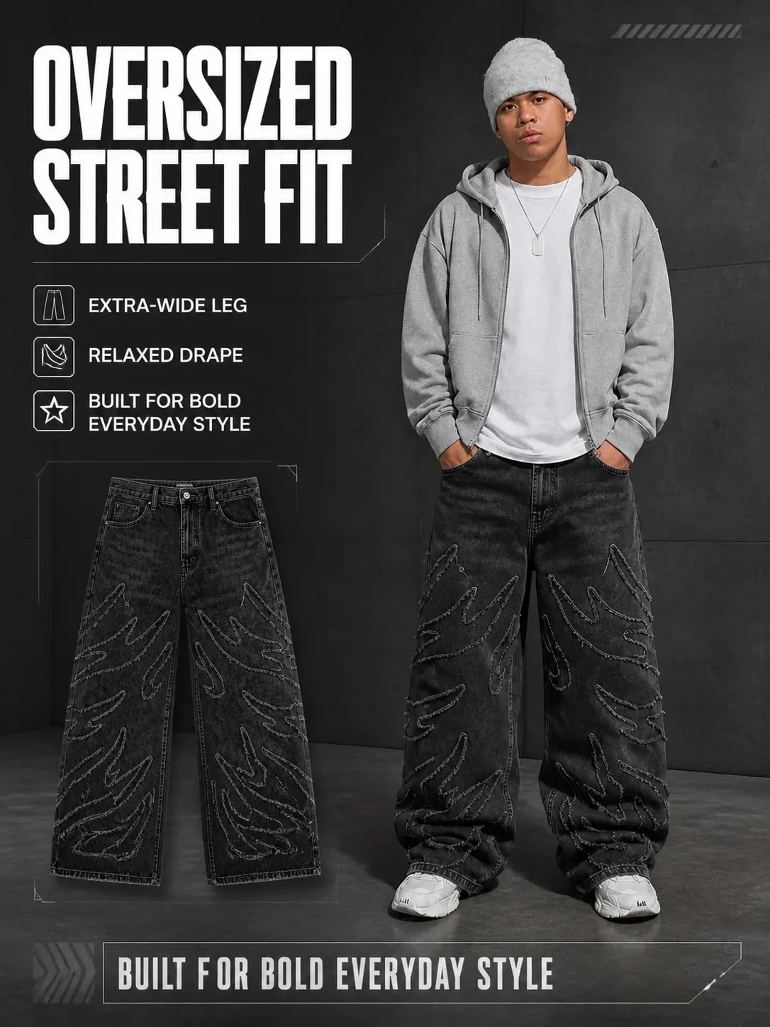 Jean à jambes larges en Denim noir, Streetwear, avec lettres surdimensionnées brodées et jean Baggy en détresse, pantalon gothique Hip Hop — image 2