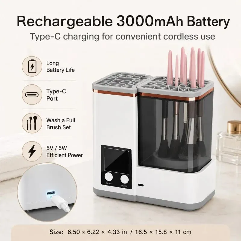 Máquina portátil de limpieza de brochas de maquillaje, lavadora secadora automática, 2 modos de lavado, 2 modos de secado al aire para brochas de belleza, uso doméstico y de viaje — image 4
