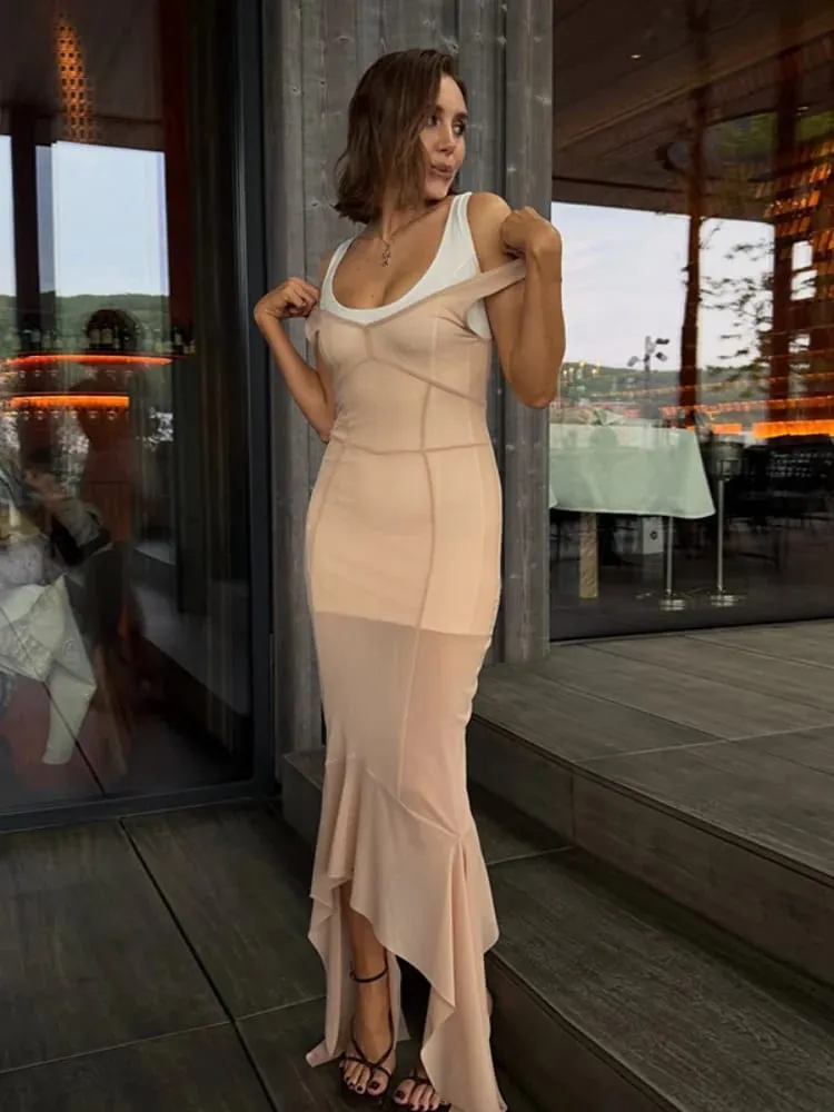 Sheer Mesh Overlay Spaghetti Strap Midi Dress Waist Cinched Sleeveless 2026 Summer Women Accessories Trendy Classy Lady Outfit — image 5