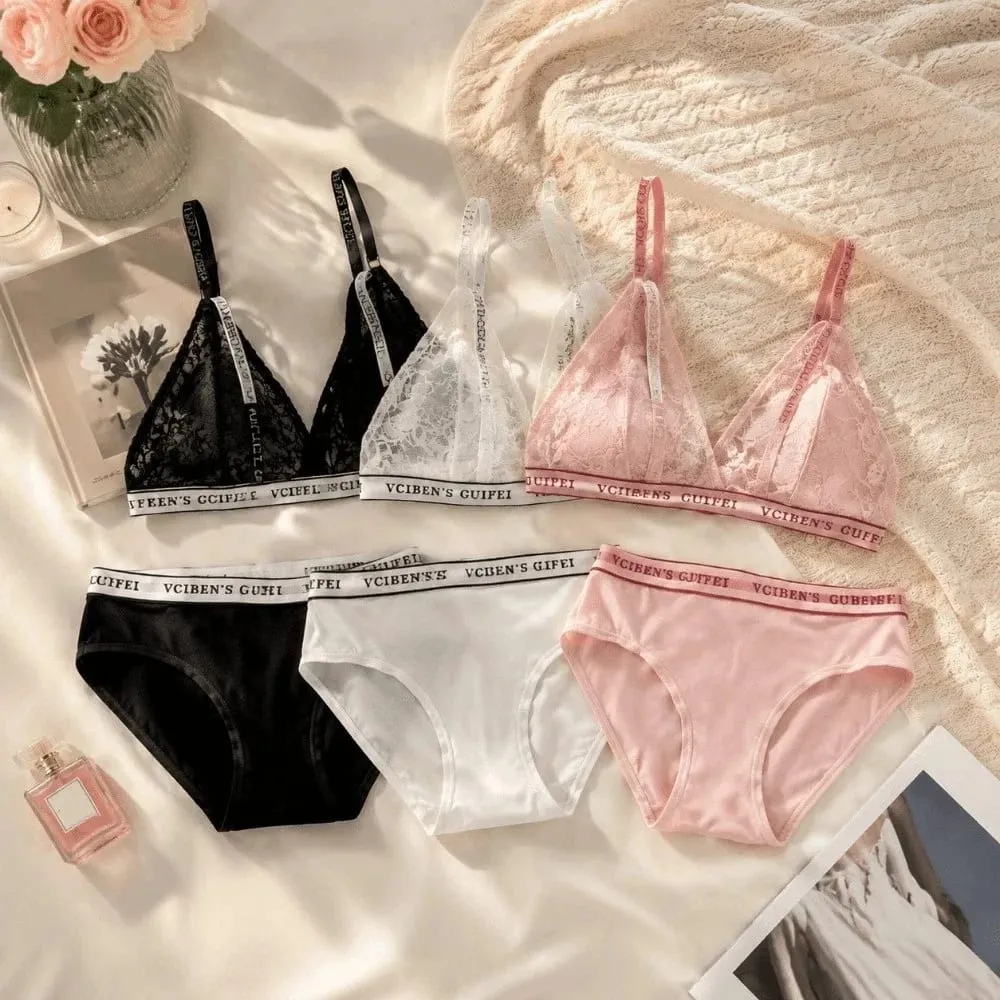 Comfortable Letter Design Lingerie Set Deep V Wireless Women Underwear Suit Color Blocking Lace Bra Panties Set Daily — image 2