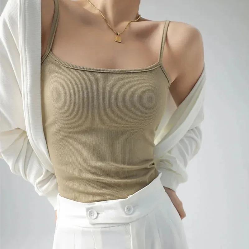 Letní základní tílka Špagetový pásek Camis Pevné strečové topy pro ženy Bez rukávů Slim Fit Basic Pevná pletená košilka — image 11