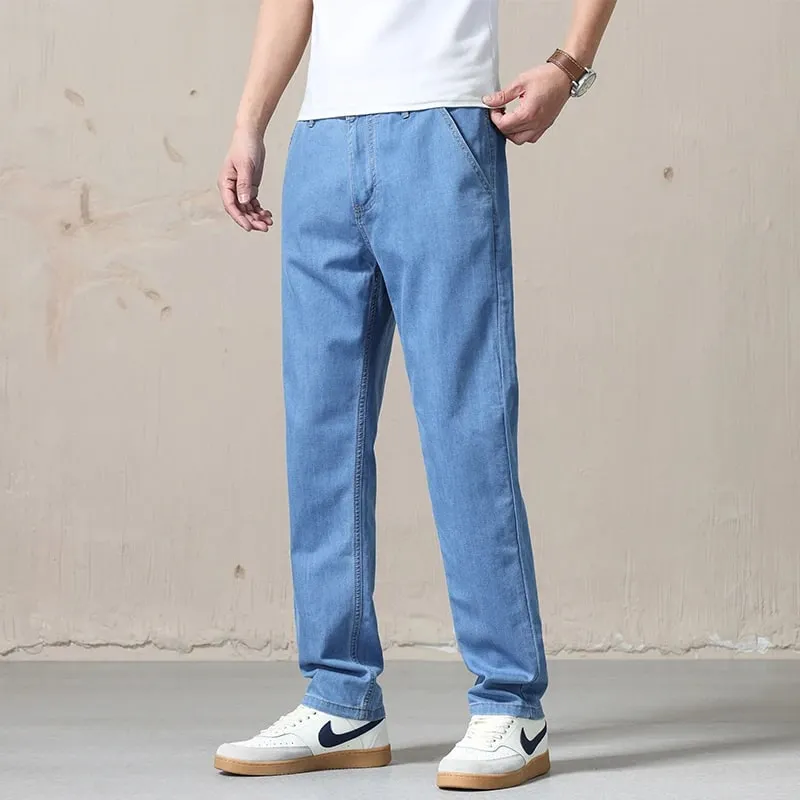 Baru Musim Bunga Musim Panas Biru Muda Seluar Jeans Lelaki Perniagaan Kapas Lurus Hitam Seluar Kasual untuk Lelaki Saiz Besar 28-40