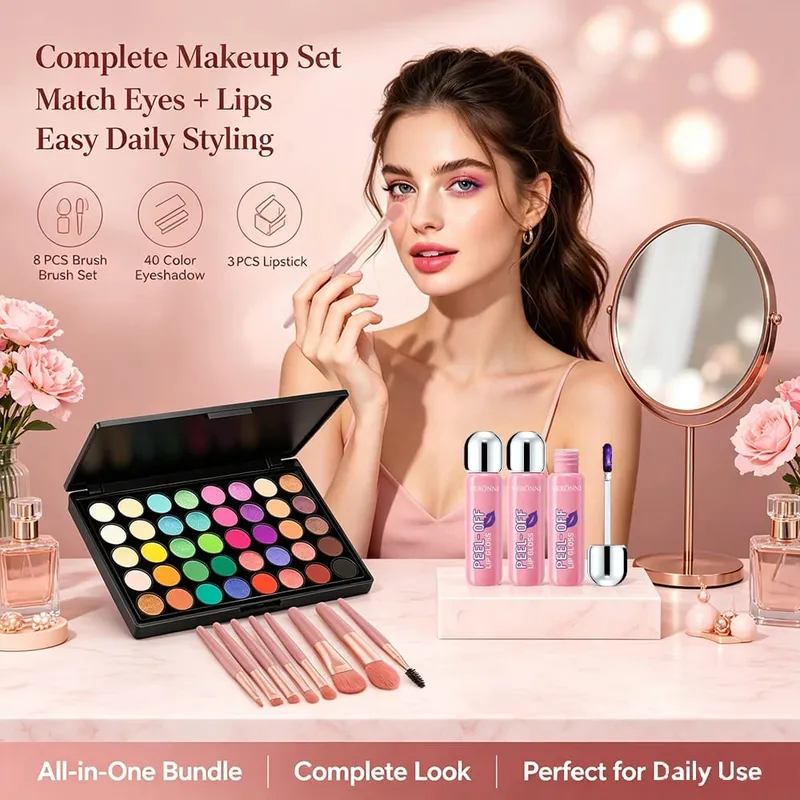 Kit per il trucco da 5 pezzi Palette di ombretti da 40 colori + 3 lucidalabbra staccabili con 8 pennelli Ombretto opaco brillante Ombretto per trucco completo Regalo — image 4