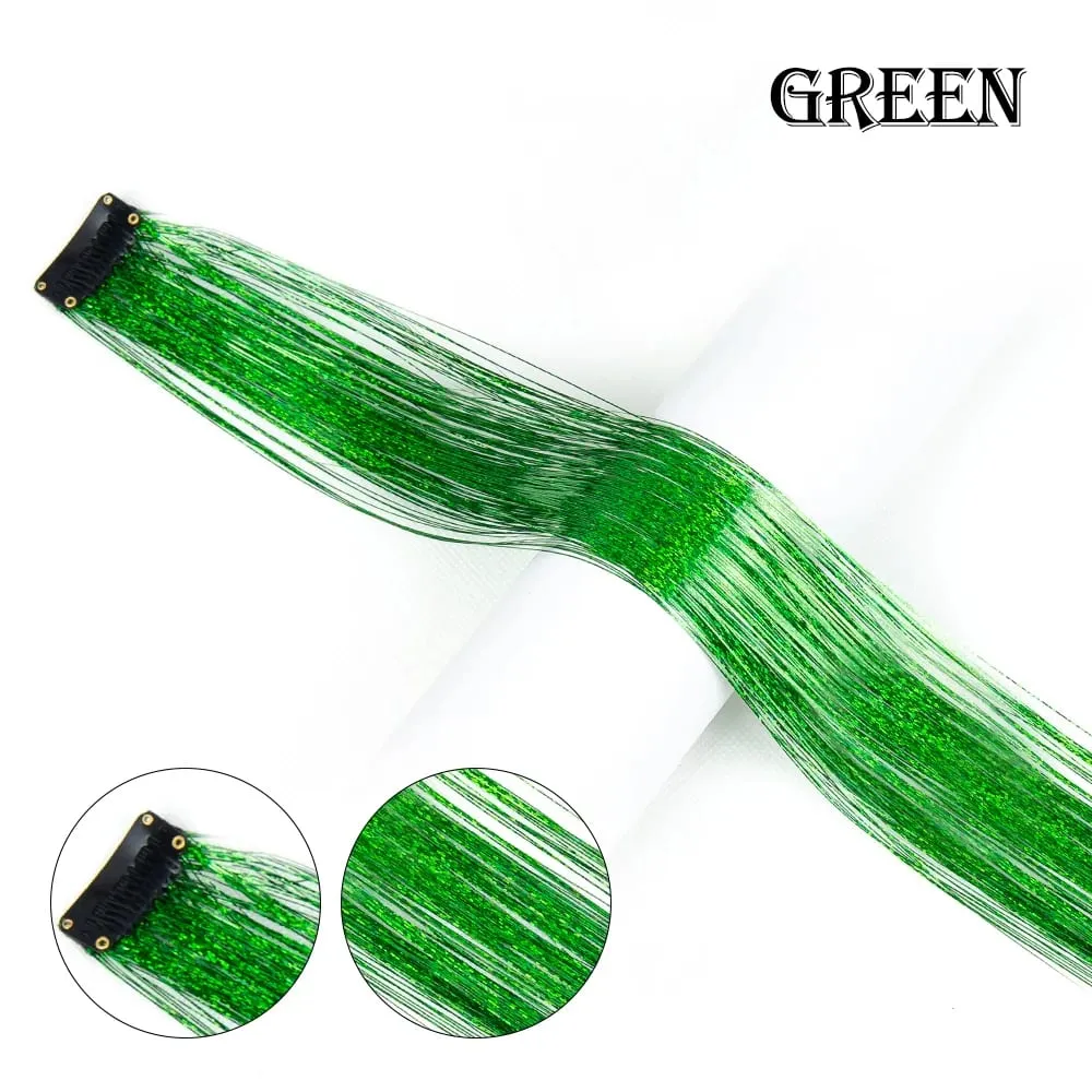 Punti salienti della festa color arcobaleno dritto Clip nelle estensioni dei capelli Pezzo di capelli scintillante Posticci sintetici Rosso scintillante — image 17