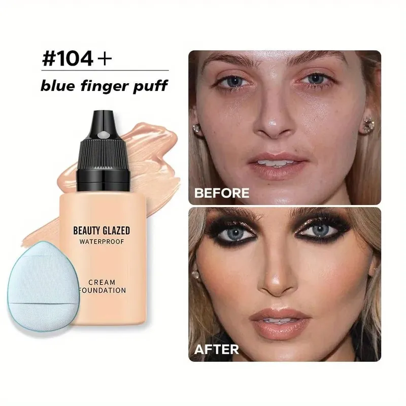 Alas Bedak + Puff Baru 2024 Alas Bedak Cakupan Penuh Matte Cair Alas Bedak Alami Matte Tahan Air dengan Puff Jempol Biru