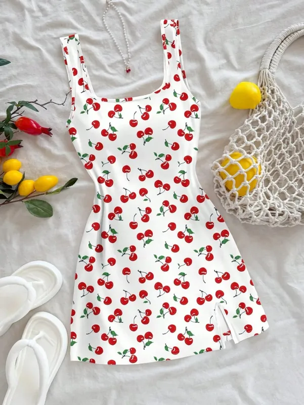 Mini abito da donna sexy stile vacanza con scollo a U, stampa ciliegia, aperto sul retro, con spacco laterale per la primavera/estate — image 7