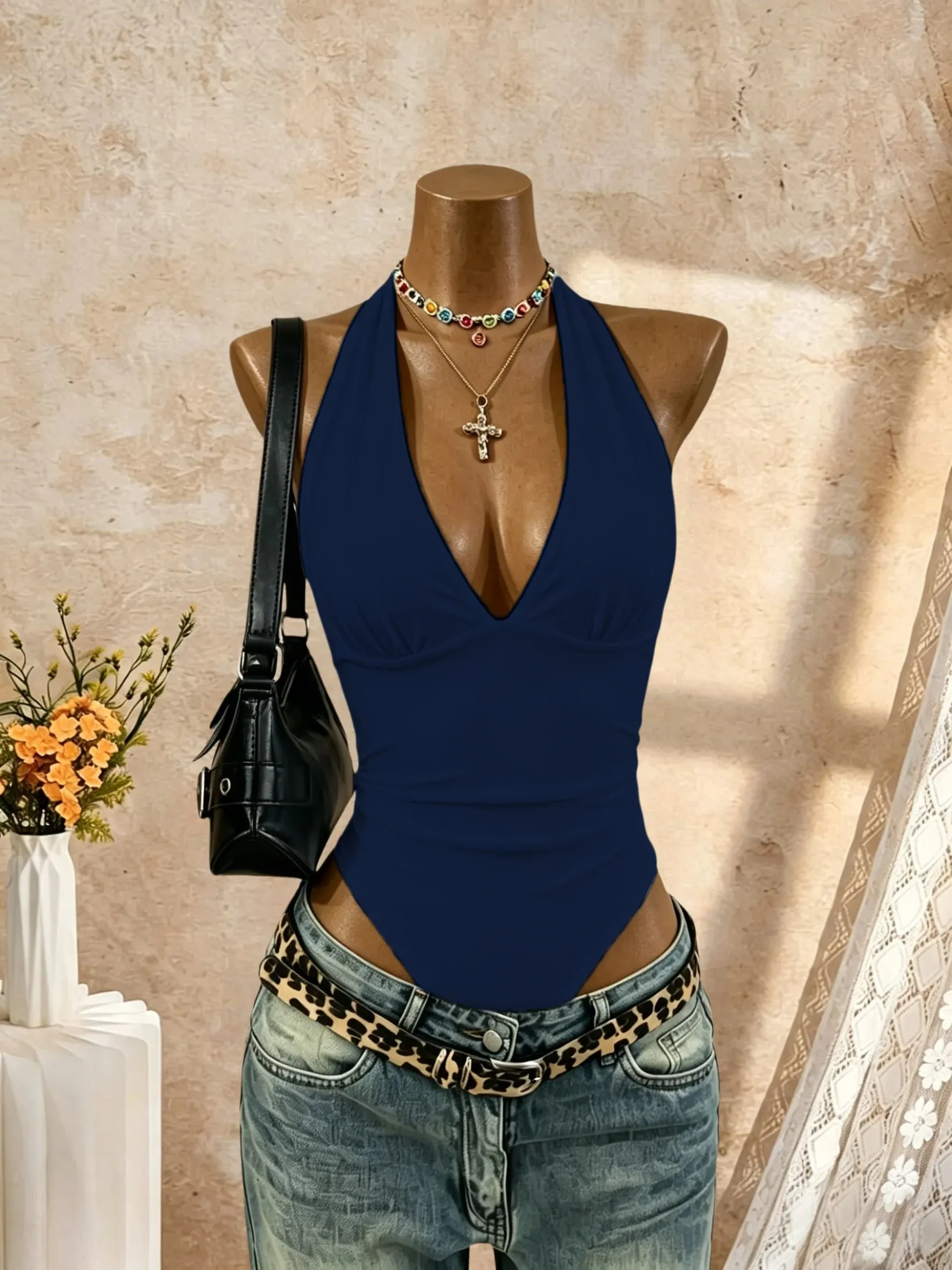 Γυναικείο κορμάκι Halter Deep V λαιμόκοψη μονόχρωμο αμάνικο μπλουζάκι μπροστινό λεπτή εφαρμογή Basic jumpsuit Tank Top — image 7