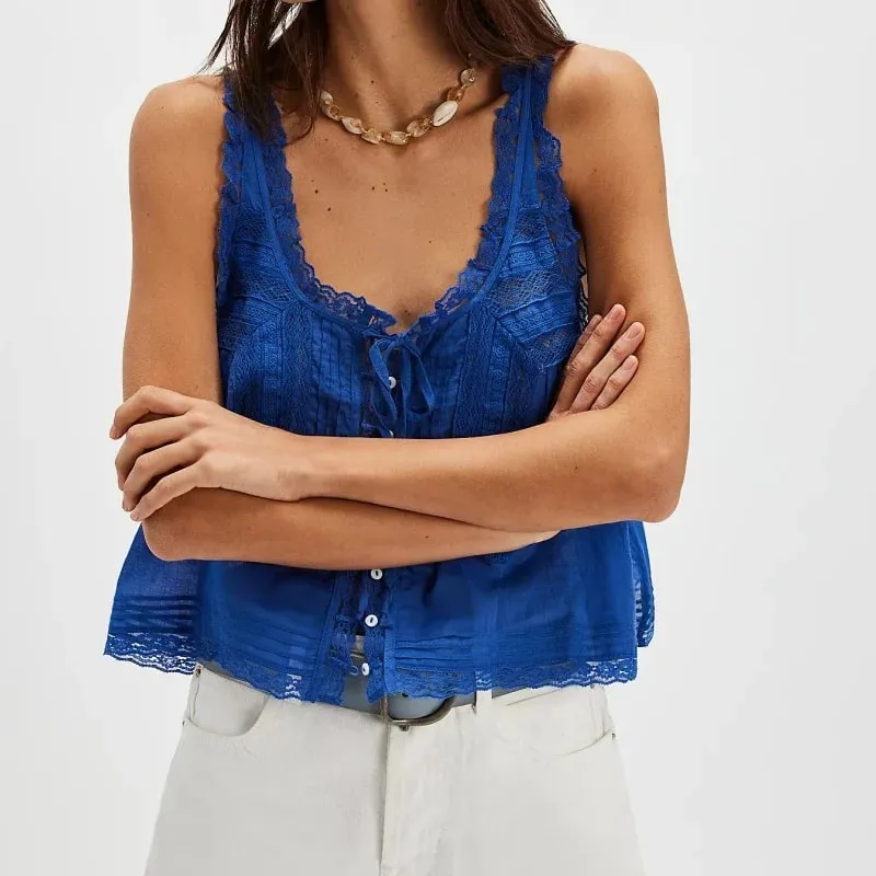 Y2Kปุ่มขึ้นลูกไม้Trim Patchwork Cami TopsหลวมFitรอบคอเสื้อกั๊กแขนกุดOutwear Gilet Crop Tank Topsสำหรับผู้หญิง — image 6