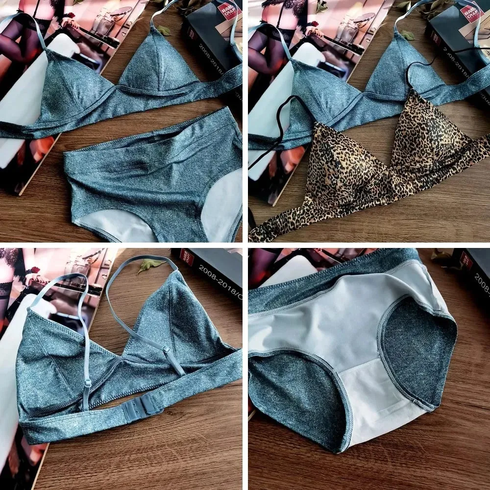 Üçgen Fincan Sutyen Seti Seksi Leopar Baskı Küçük Göğüsler için Ultra Ince Wirefree Bralette ve Külot Lingerie — image 2