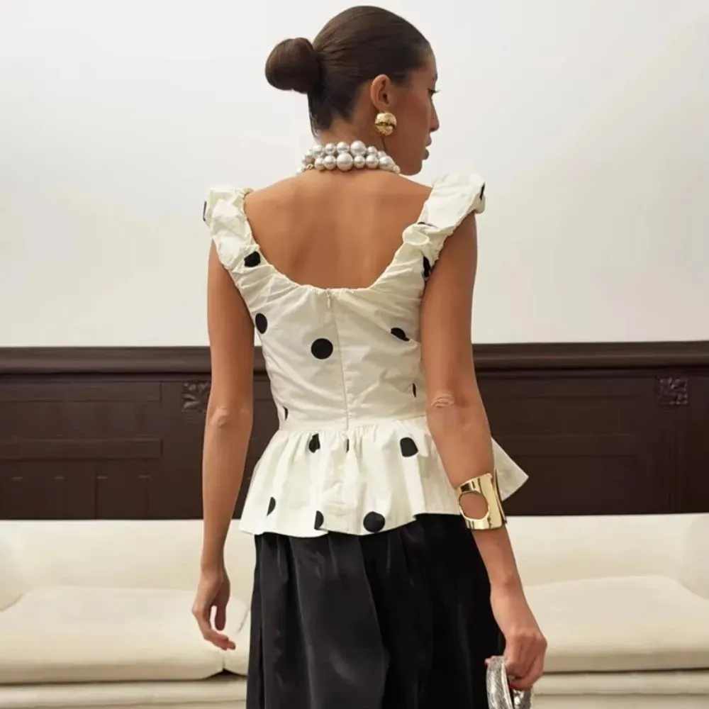 Tank Top Polka Dot Leher V Dalam Ramping Rompi Sutra Tanpa Lengan Kerut Bahu Terbuka Camis Renda Punggung Terbuka Wanita — image 4